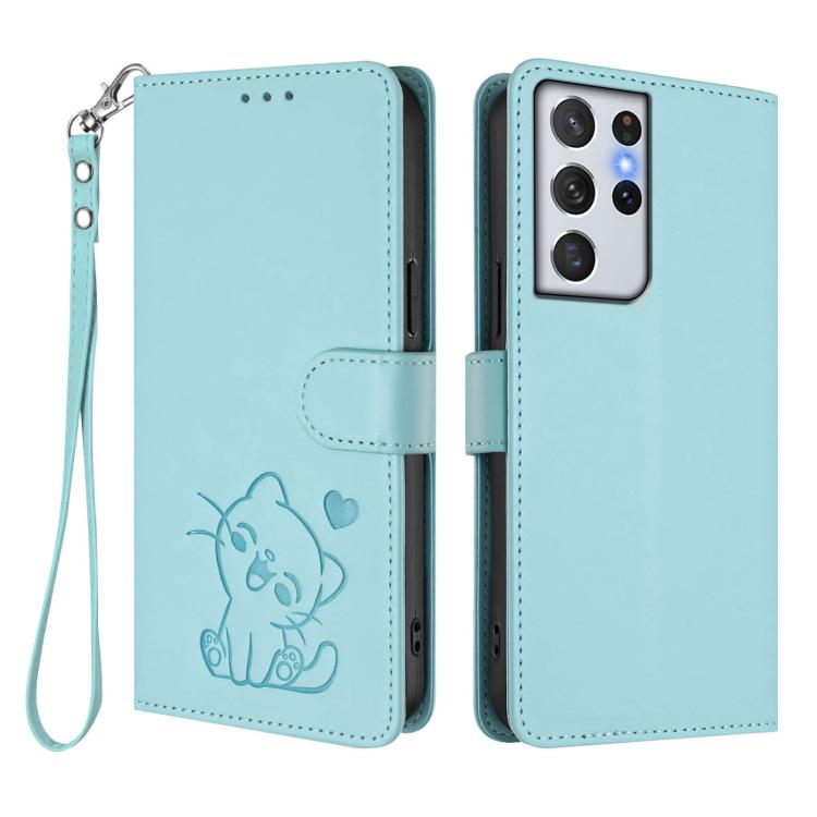 For Samsung Galaxy S21 Ultra 5G Embossed Heart Cat Leather Phone Case with Hand Strap