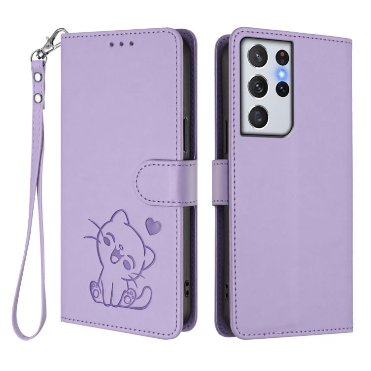 For Samsung Galaxy S21 Ultra 5G Embossed Heart Cat Leather Phone Case with Hand Strap