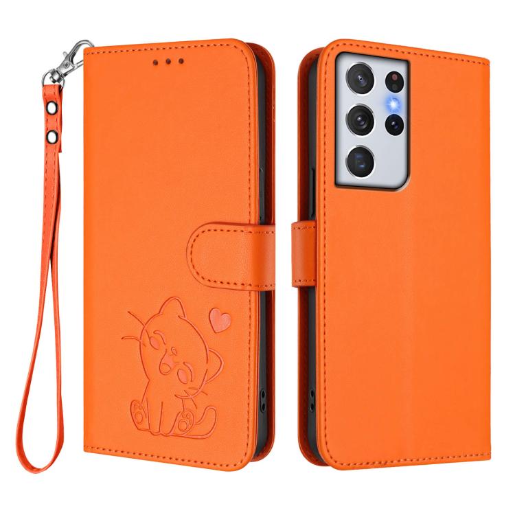 For Samsung Galaxy S21 Ultra 5G Embossed Heart Cat Leather Phone Case with Hand Strap