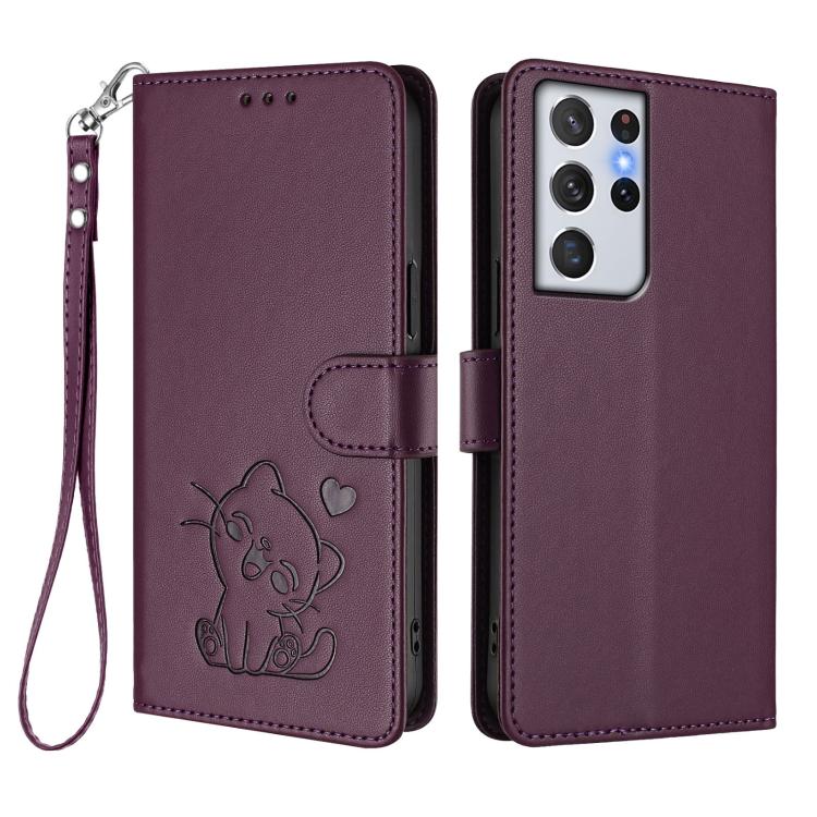 For Samsung Galaxy S21 Ultra 5G Embossed Heart Cat Leather Phone Case with Hand Strap