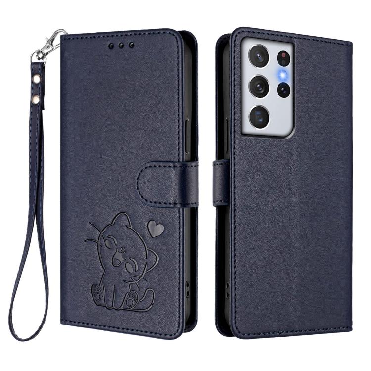 For Samsung Galaxy S21 Ultra 5G Embossed Heart Cat Leather Phone Case with Hand Strap