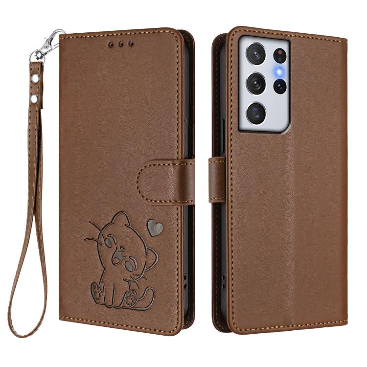 For Samsung Galaxy S21 Ultra 5G Embossed Heart Cat Leather Phone Case with Hand Strap