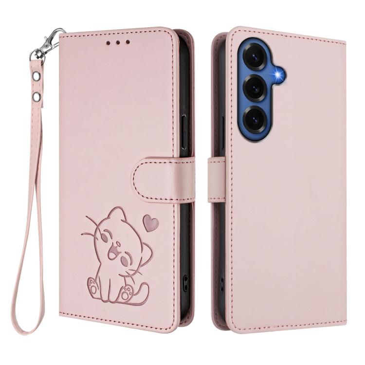 For Samsung Galaxy S26+ 5G Embossed Heart Cat Leather Phone Case with Hand Strap