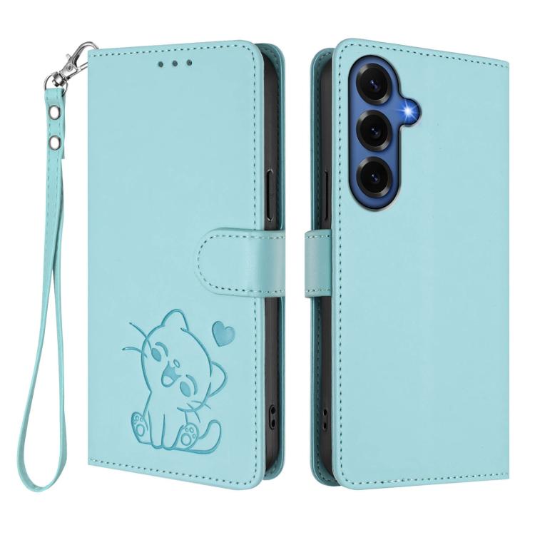 For Samsung Galaxy S26+ 5G Embossed Heart Cat Leather Phone Case with Hand Strap