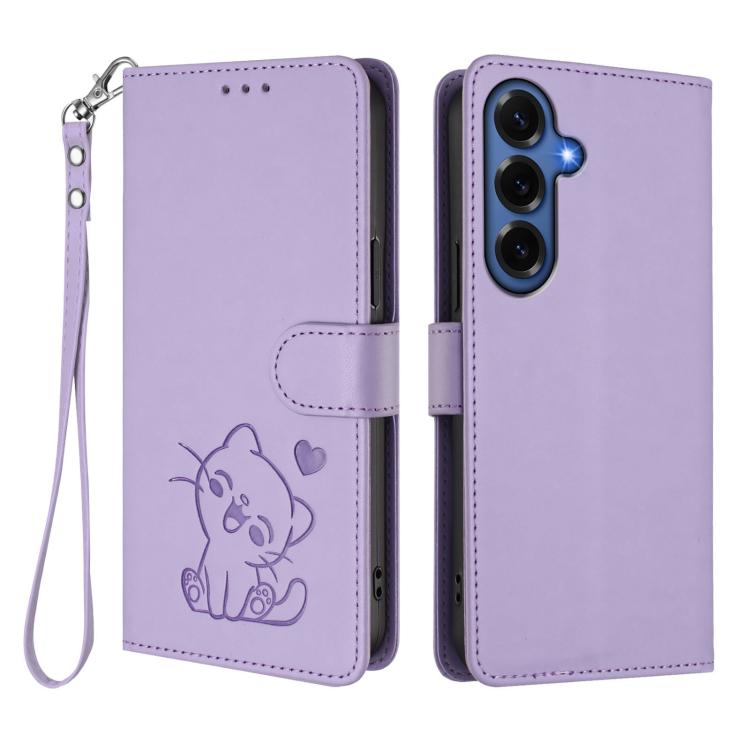 For Samsung Galaxy S26+ 5G Embossed Heart Cat Leather Phone Case with Hand Strap