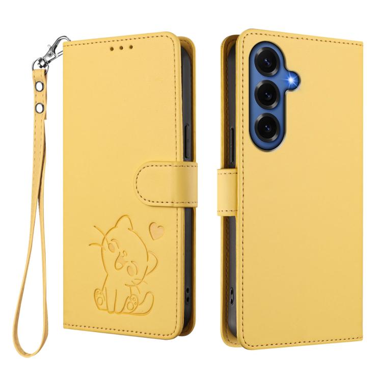 For Samsung Galaxy S26+ 5G Embossed Heart Cat Leather Phone Case with Hand Strap