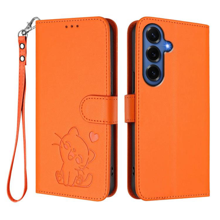 For Samsung Galaxy S26+ 5G Embossed Heart Cat Leather Phone Case with Hand Strap