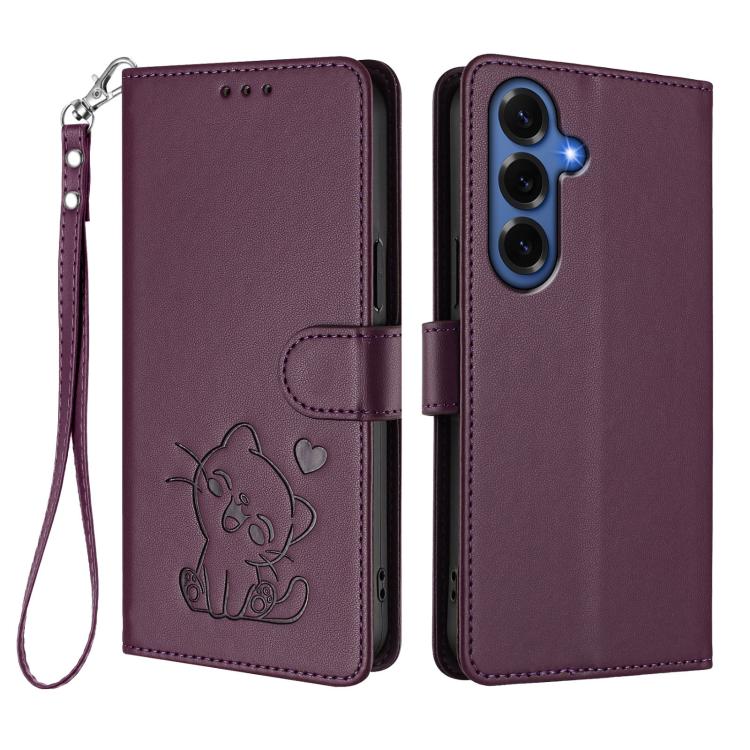 For Samsung Galaxy S26+ 5G Embossed Heart Cat Leather Phone Case with Hand Strap