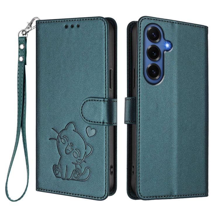 For Samsung Galaxy S26+ 5G Embossed Heart Cat Leather Phone Case with Hand Strap