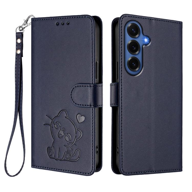 For Samsung Galaxy S26+ 5G Embossed Heart Cat Leather Phone Case with Hand Strap