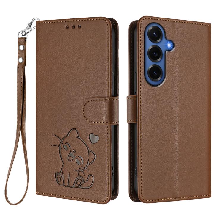 For Samsung Galaxy S26+ 5G Embossed Heart Cat Leather Phone Case with Hand Strap