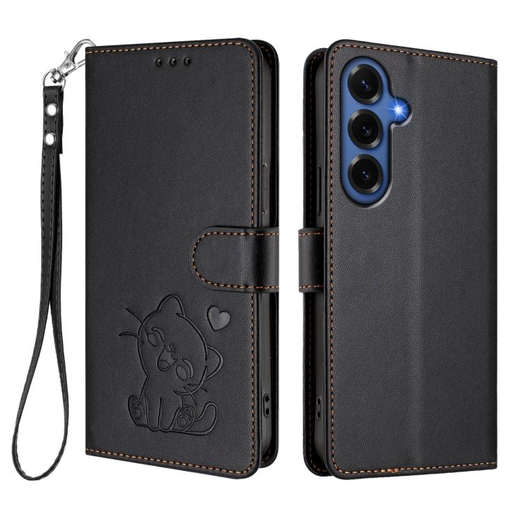 For Samsung Galaxy S26+ 5G Embossed Heart Cat Leather Phone Case with Hand Strap