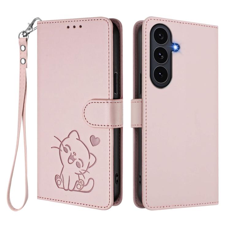 For Galaxy S26 FE 5G Embossed Heart Cat Leather Phone Case with Hand Strap