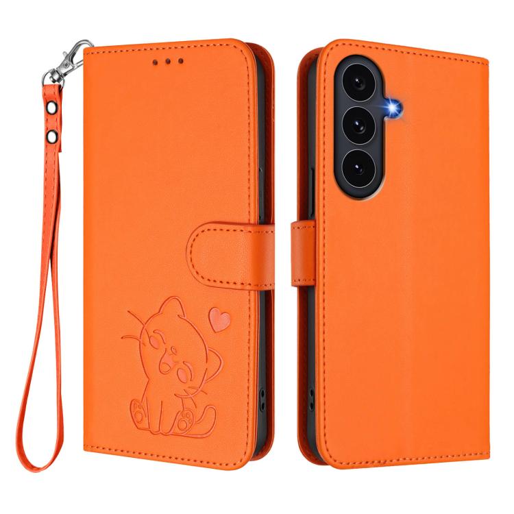 For Galaxy S26 FE 5G Embossed Heart Cat Leather Phone Case with Hand Strap