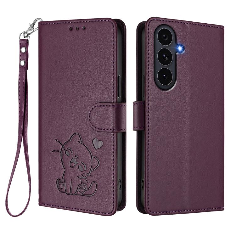 For Galaxy S26 FE 5G Embossed Heart Cat Leather Phone Case with Hand Strap