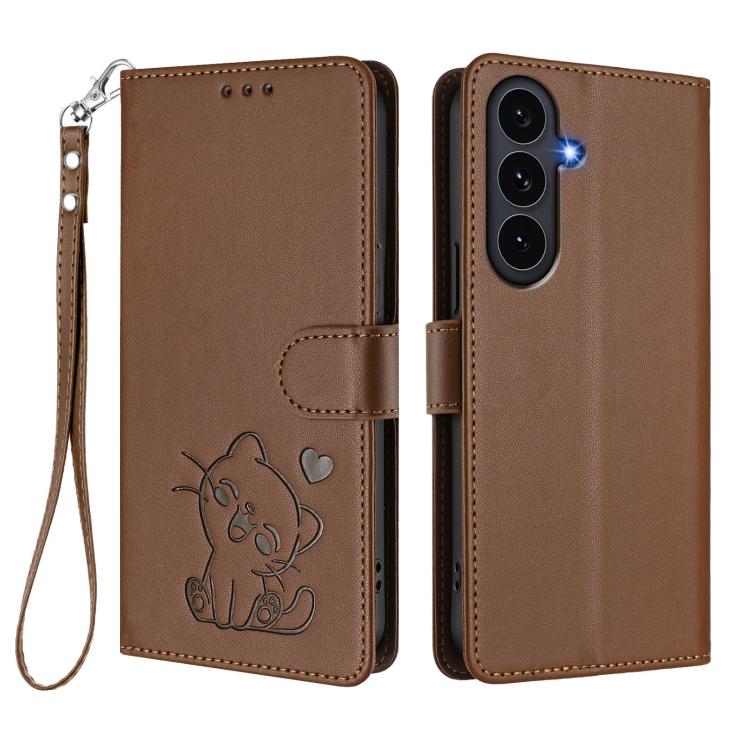 For Galaxy S26 FE 5G Embossed Heart Cat Leather Phone Case with Hand Strap