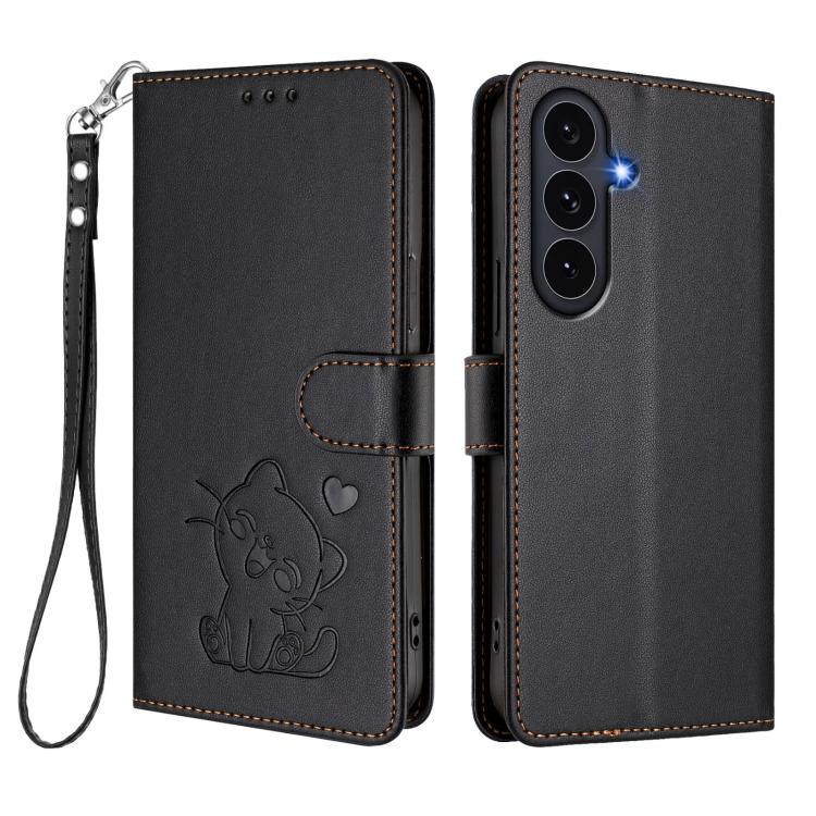 For Galaxy S26 FE 5G Embossed Heart Cat Leather Phone Case with Hand Strap