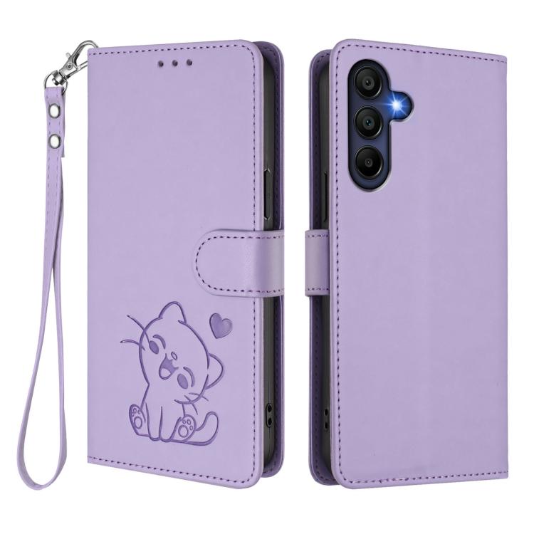 For Samsung Galaxy A26 / A17 Embossed Heart Cat Leather Phone Case with Hand Strap