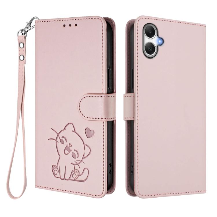 For Samsung Galaxy A06 / A07 Embossed Heart Cat Leather Phone Case with Hand Strap