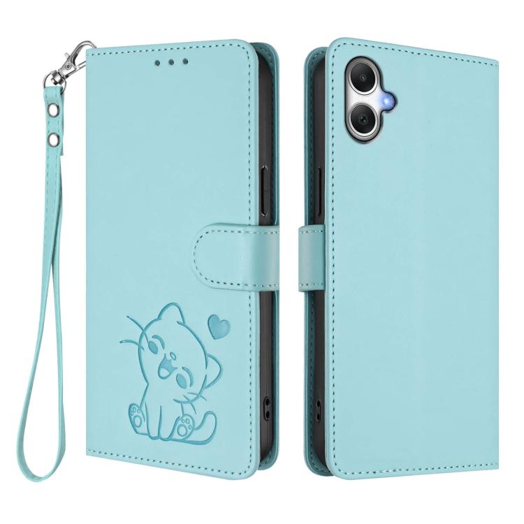 For Samsung Galaxy A06 / A07 Embossed Heart Cat Leather Phone Case with Hand Strap