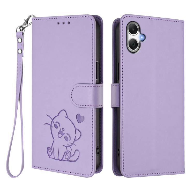For Samsung Galaxy A06 / A07 Embossed Heart Cat Leather Phone Case with Hand Strap