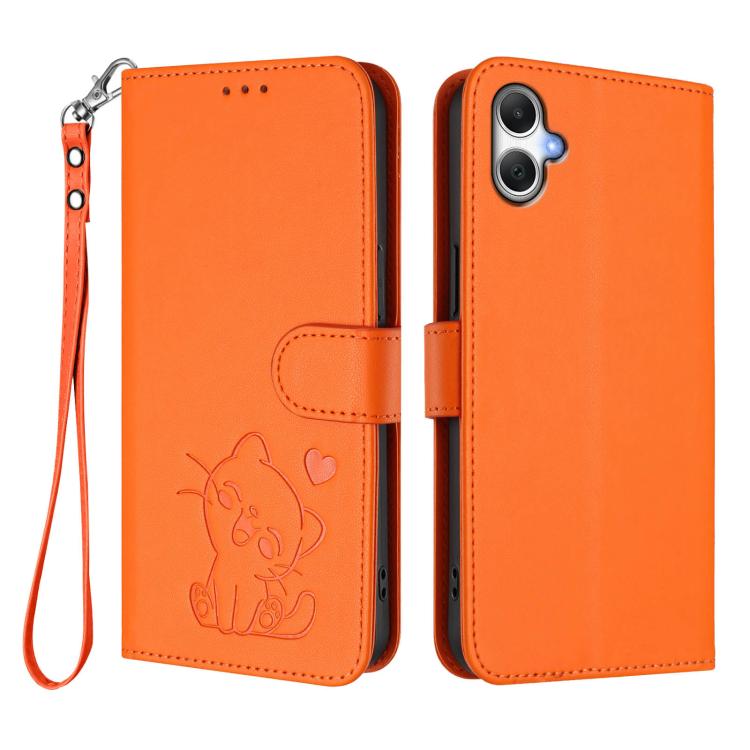 For Samsung Galaxy A06 / A07 Embossed Heart Cat Leather Phone Case with Hand Strap