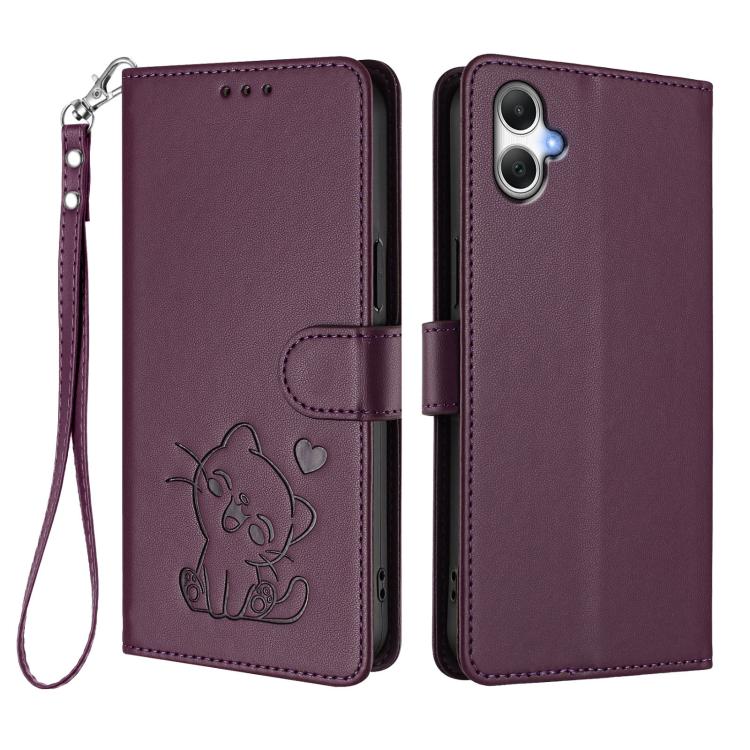 For Samsung Galaxy A06 / A07 Embossed Heart Cat Leather Phone Case with Hand Strap