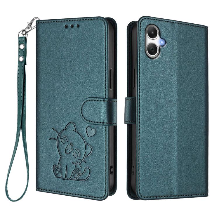 For Samsung Galaxy A06 / A07 Embossed Heart Cat Leather Phone Case with Hand Strap