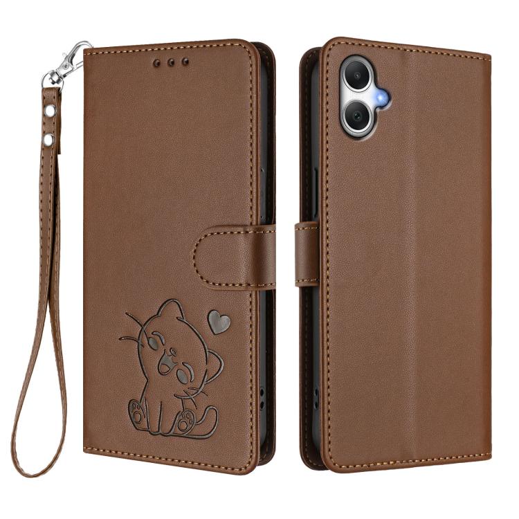For Samsung Galaxy A06 / A07 Embossed Heart Cat Leather Phone Case with Hand Strap