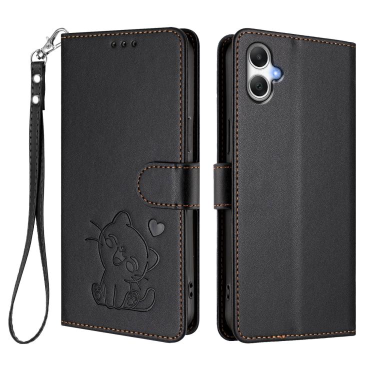 For Samsung Galaxy A06 / A07 Embossed Heart Cat Leather Phone Case with Hand Strap