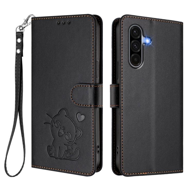 For Samsung Galaxy A56 / A36 5G Embossed Heart Cat Leather Phone Case with Hand Strap