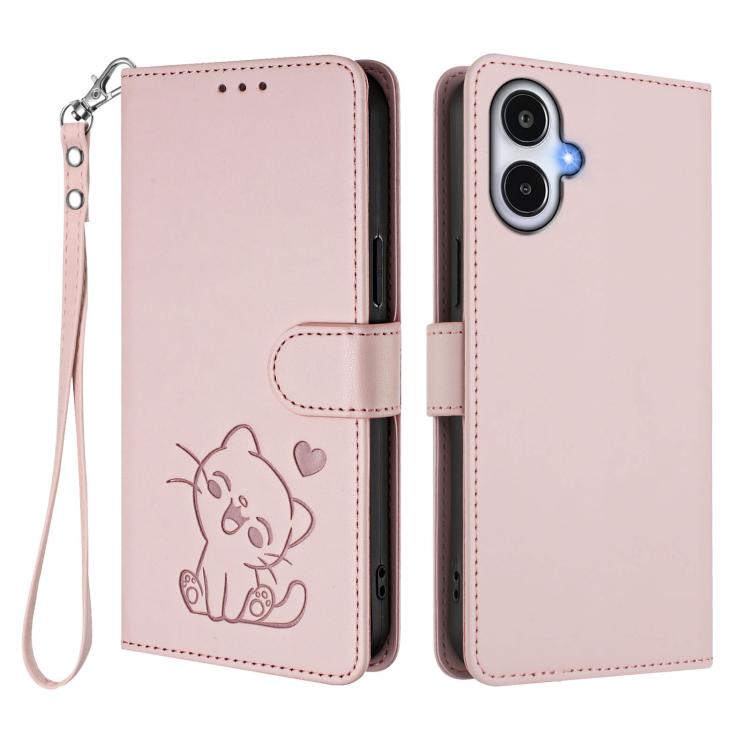 For Samsung Galaxy A25e 5G Embossed Heart Cat Leather Phone Case with Hand Strap
