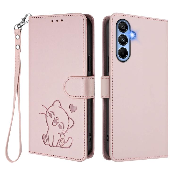 For Samsung Galaxy A15 4G / 5G Embossed Heart Cat Leather Phone Case with Hand Strap