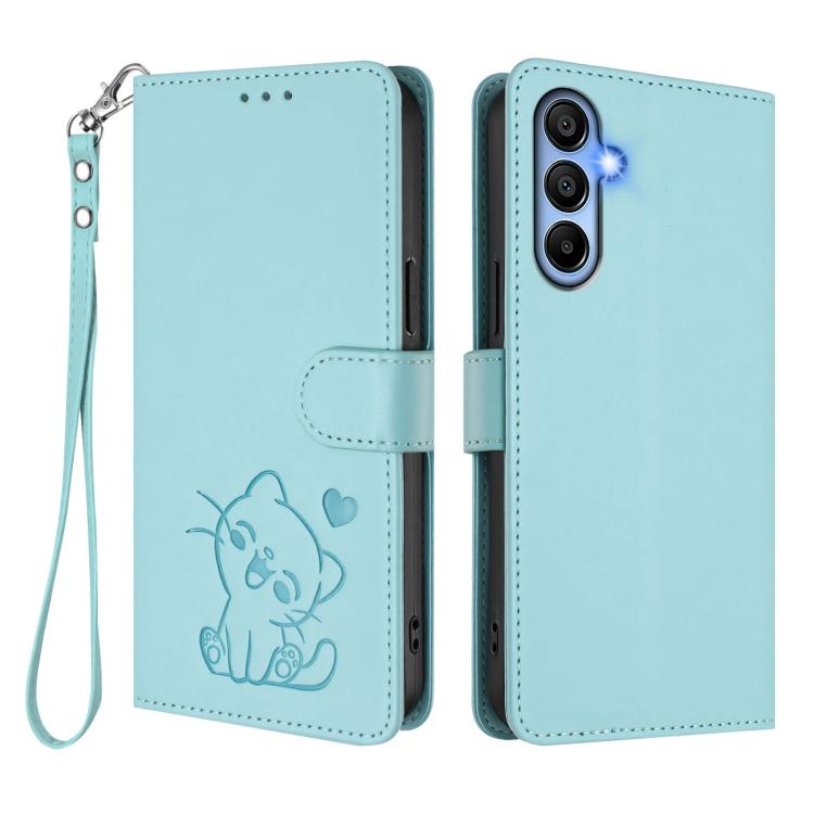 For Samsung Galaxy A15 4G / 5G Embossed Heart Cat Leather Phone Case with Hand Strap