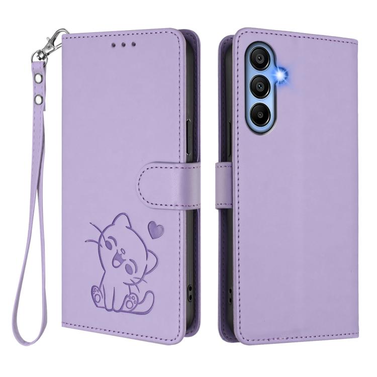 For Samsung Galaxy A15 4G / 5G Embossed Heart Cat Leather Phone Case with Hand Strap
