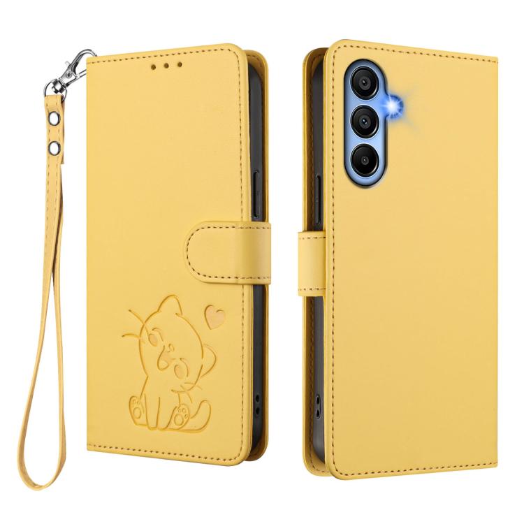For Samsung Galaxy A15 4G / 5G Embossed Heart Cat Leather Phone Case with Hand Strap