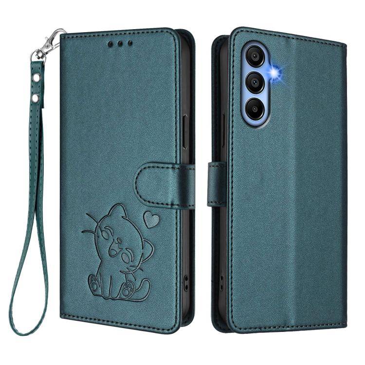 For Samsung Galaxy A15 4G / 5G Embossed Heart Cat Leather Phone Case with Hand Strap