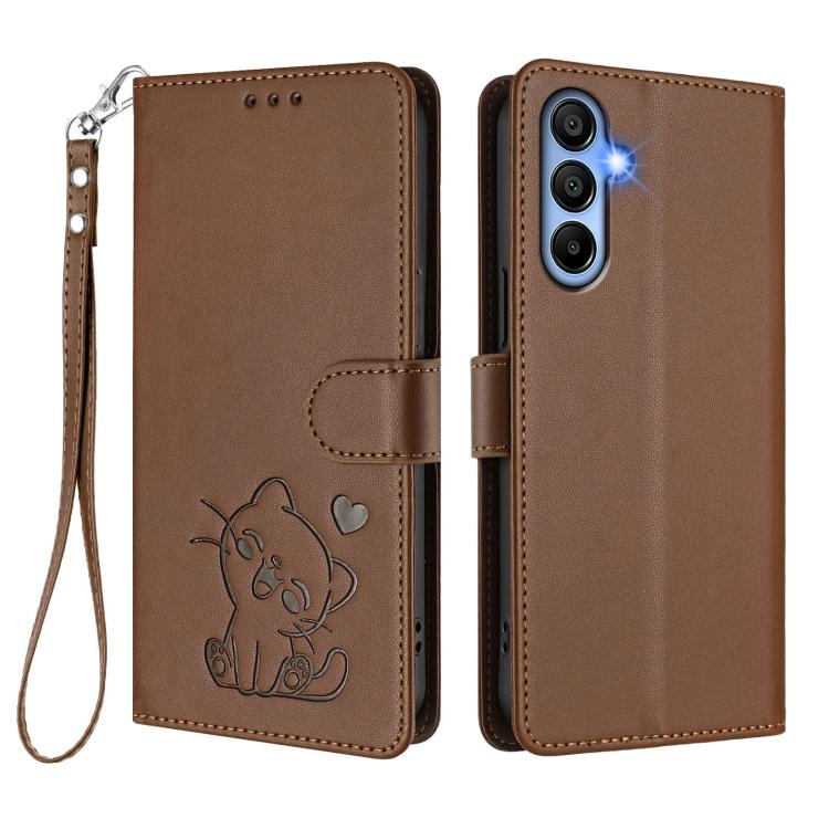 For Samsung Galaxy A15 4G / 5G Embossed Heart Cat Leather Phone Case with Hand Strap