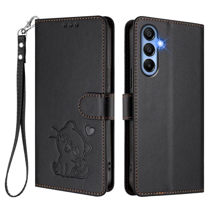For Samsung Galaxy A15 4G / 5G Embossed Heart Cat Leather Phone Case with Hand Strap