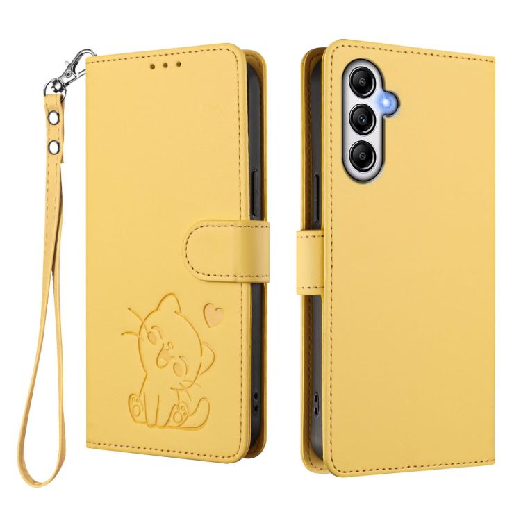 For Samsung Galaxy A55 5G Embossed Heart Cat Leather Phone Case with Hand Strap