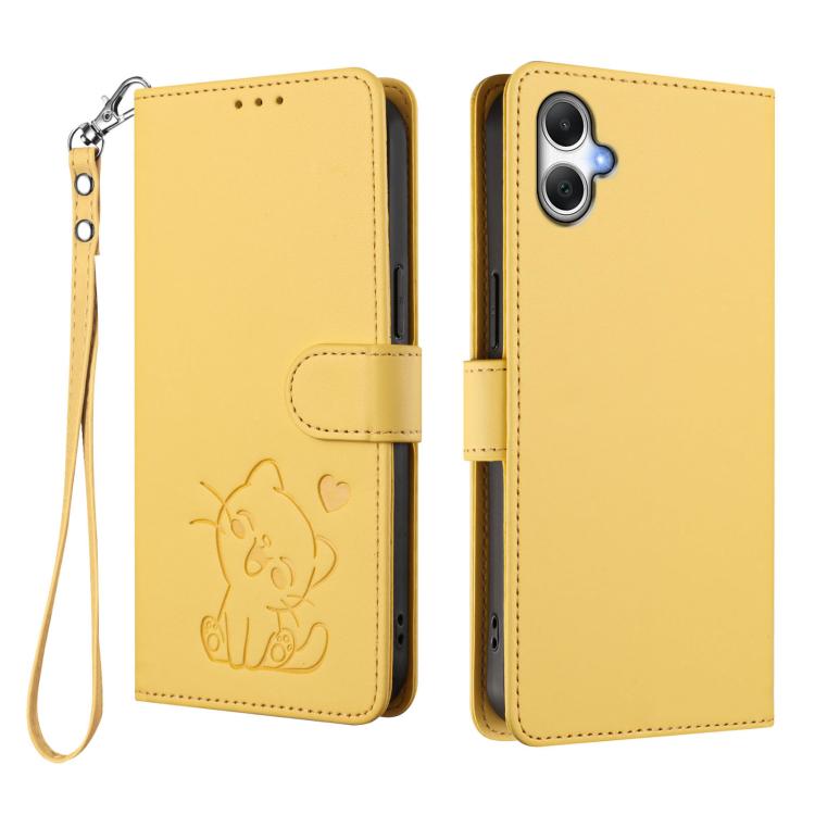 For Samsung Galaxy A05 / M05 4G Embossed Heart Cat Leather Phone Case with Hand Strap