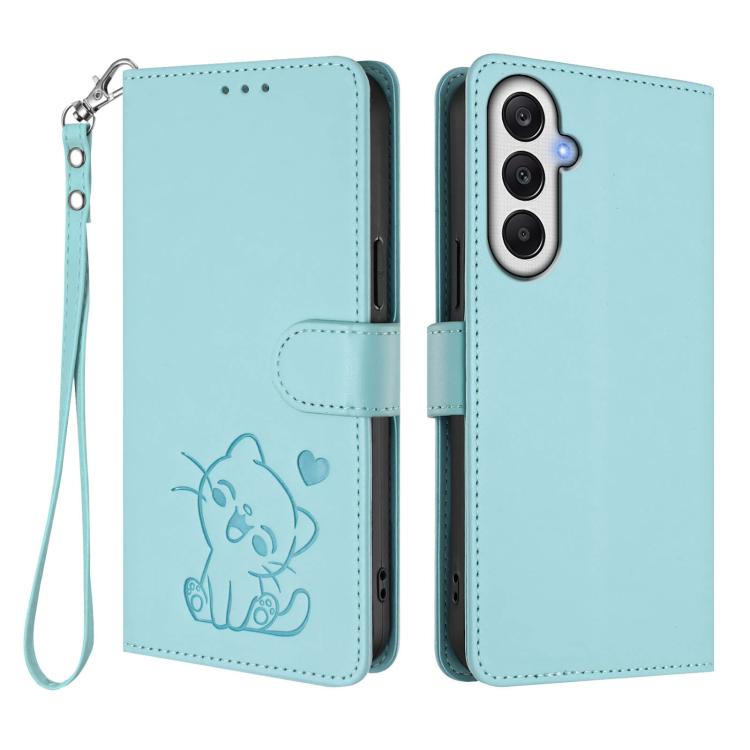 For Samsung Galaxy A05s / F14 4G Embossed Heart Cat Leather Phone Case with Hand Strap