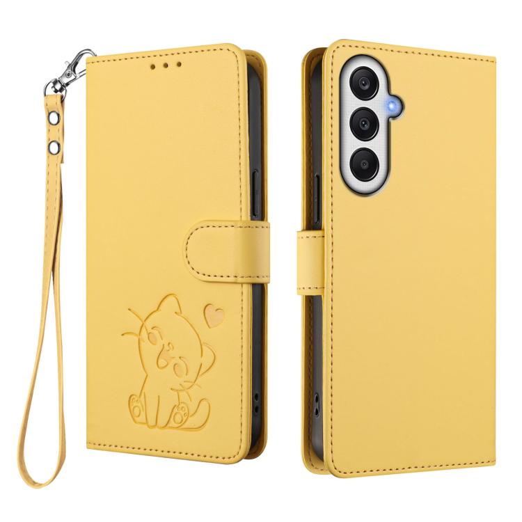 For Samsung Galaxy A05s / F14 4G Embossed Heart Cat Leather Phone Case with Hand Strap