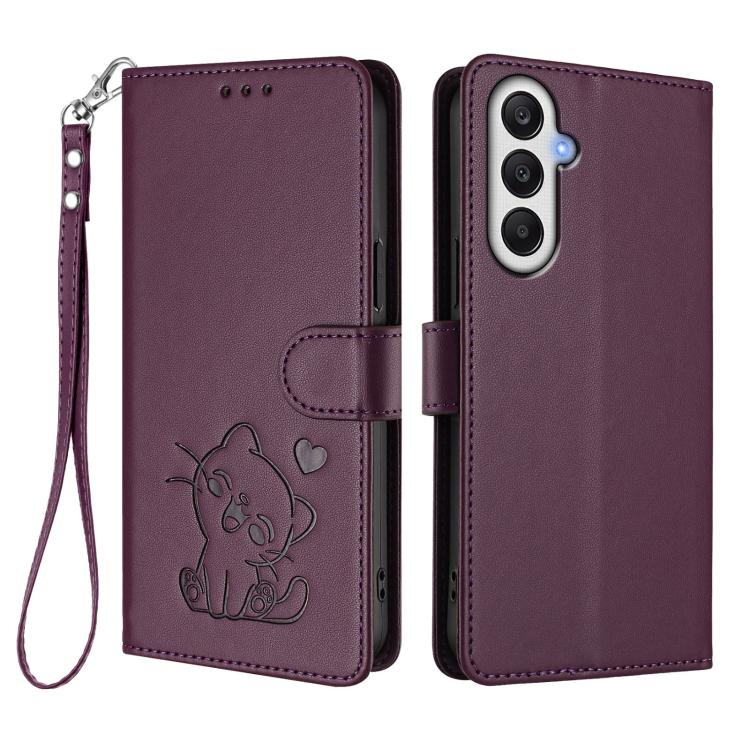 For Samsung Galaxy A05s / F14 4G Embossed Heart Cat Leather Phone Case with Hand Strap