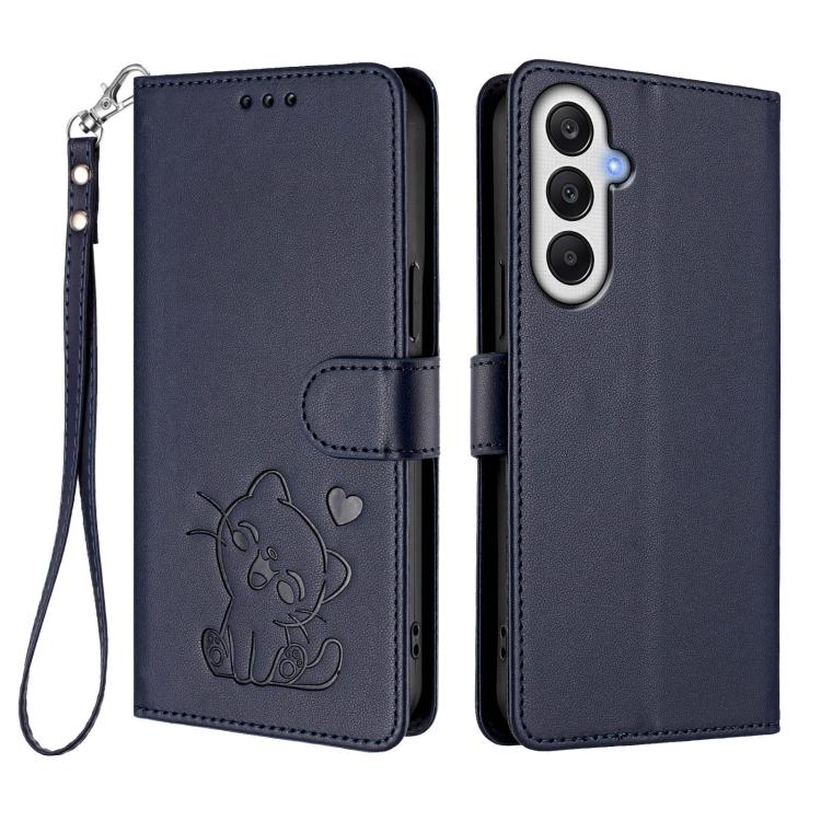 For Samsung Galaxy A05s / F14 4G Embossed Heart Cat Leather Phone Case with Hand Strap