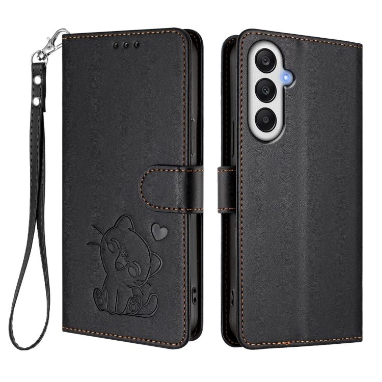 For Samsung Galaxy A05s / F14 4G Embossed Heart Cat Leather Phone Case with Hand Strap