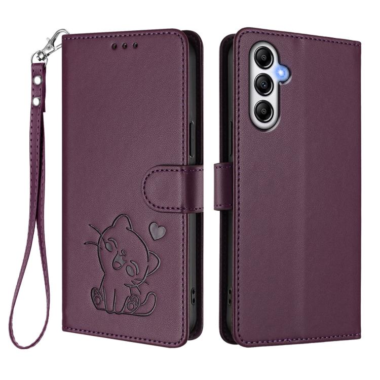 For Samsung Galaxy A24 4G Embossed Heart Cat Leather Phone Case with Hand Strap
