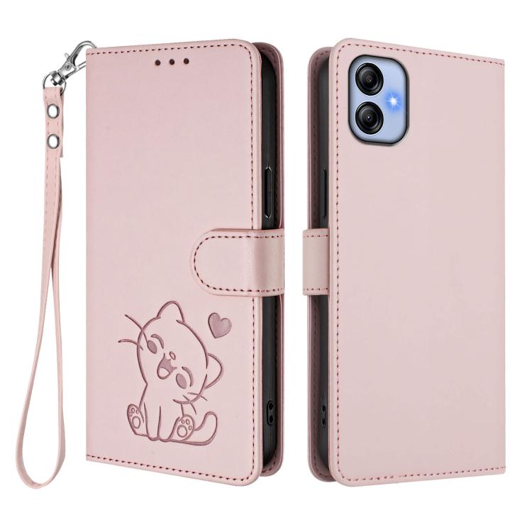 For Samsung Galaxy A04e 4G / F04 Embossed Heart Cat Leather Phone Case with Hand Strap