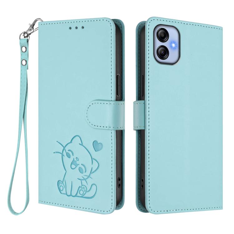 For Samsung Galaxy A04e 4G / F04 Embossed Heart Cat Leather Phone Case with Hand Strap