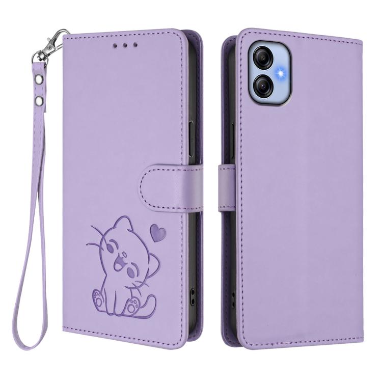 For Samsung Galaxy A04e 4G / F04 Embossed Heart Cat Leather Phone Case with Hand Strap
